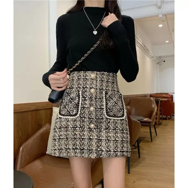 IDEALSANXUN Tweed Plaid Skirt for Women High Waisted Pencil Bodycon Fall Winter Sparkly Mini SkirtBeige2