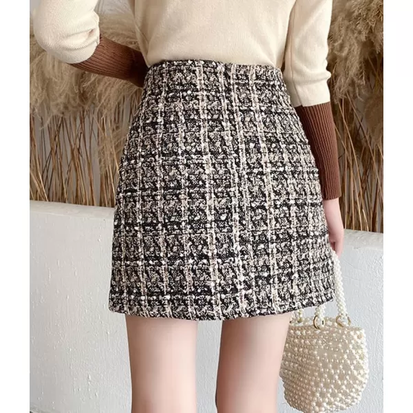 IDEALSANXUN Tweed Plaid Skirt for Women High Waisted Pencil Bodycon Fall Winter Sparkly Mini SkirtBeige2