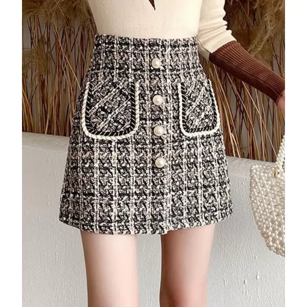 IDEALSANXUN Tweed Plaid Skirt for Women High Waisted Pencil Bodycon Fall Winter Sparkly Mini SkirtBeige2