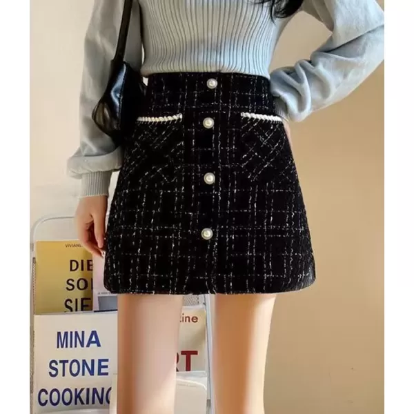 IDEALSANXUN Tweed Plaid Skirt for Women High Waisted Pencil Bodycon Fall Winter Sparkly Mini SkirtBlack