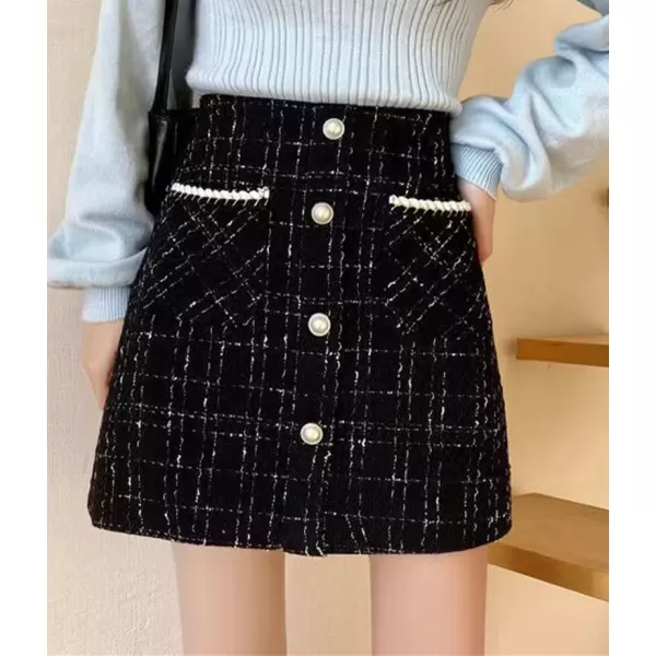 IDEALSANXUN Tweed Plaid Skirt for Women High Waisted Pencil Bodycon Fall Winter Sparkly Mini SkirtBlack