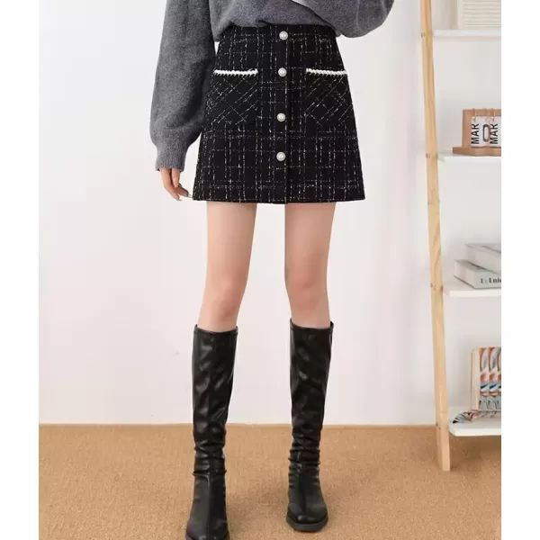 IDEALSANXUN Tweed Plaid Skirt for Women High Waisted Pencil Bodycon Fall Winter Sparkly Mini SkirtBlack