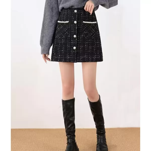 IDEALSANXUN Tweed Plaid Skirt for Women High Waisted Pencil Bodycon Fall Winter Sparkly Mini SkirtBlack