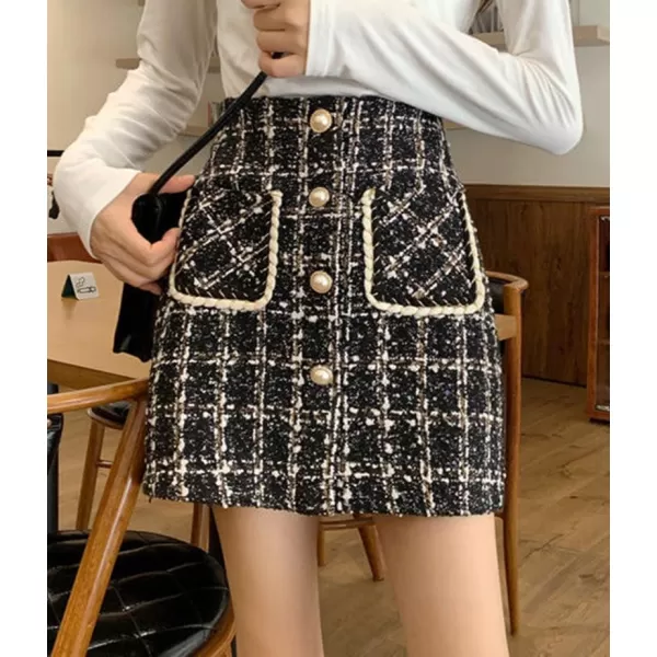 IDEALSANXUN Tweed Plaid Skirt for Women High Waisted Pencil Bodycon Fall Winter Sparkly Mini SkirtBlack2