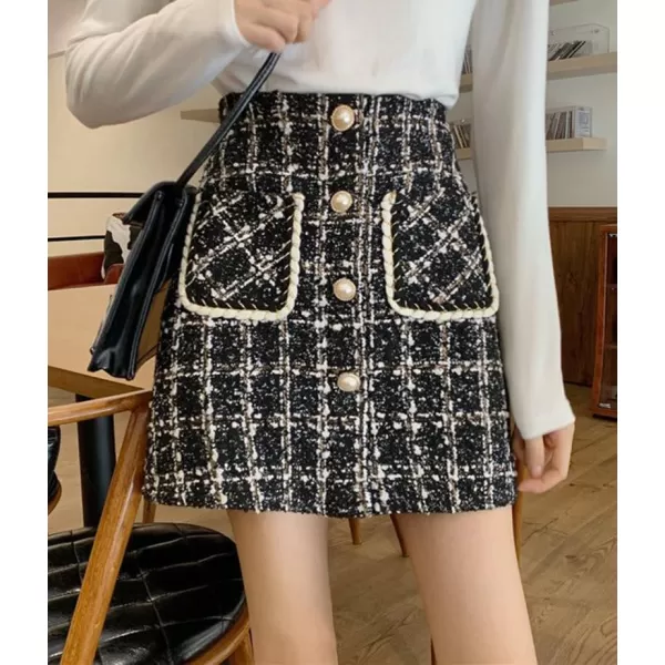 IDEALSANXUN Tweed Plaid Skirt for Women High Waisted Pencil Bodycon Fall Winter Sparkly Mini SkirtBlack2