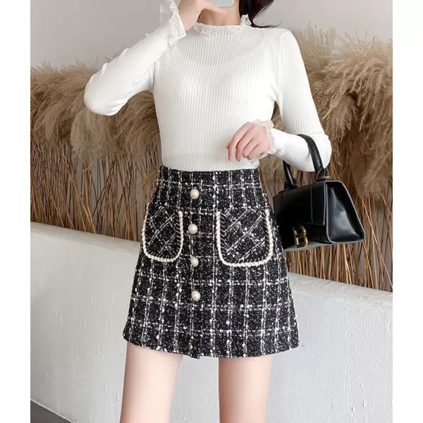 IDEALSANXUN Tweed Plaid Skirt for Women High Waisted Pencil Bodycon Fall Winter Sparkly Mini SkirtBlack2