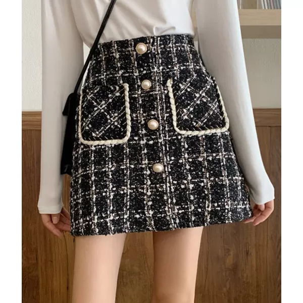 IDEALSANXUN Tweed Plaid Skirt for Women High Waisted Pencil Bodycon Fall Winter Sparkly Mini SkirtBlack2