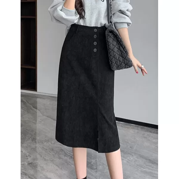 IDEALSANXUN Warm Corduroy Midi Skirts for Women High Waisted Button Front A Line Slit Fall Winter SkirtBlack