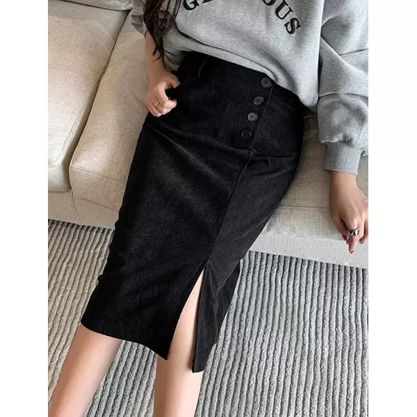 IDEALSANXUN Warm Corduroy Midi Skirts for Women High Waisted Button Front A Line Slit Fall Winter SkirtBlack