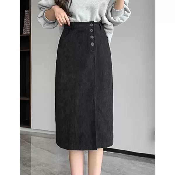 IDEALSANXUN Warm Corduroy Midi Skirts for Women High Waisted Button Front A Line Slit Fall Winter SkirtBlack