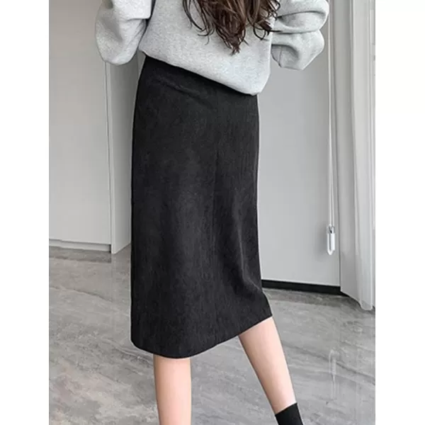 IDEALSANXUN Warm Corduroy Midi Skirts for Women High Waisted Button Front A Line Slit Fall Winter SkirtBlack