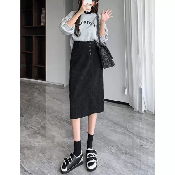 IDEALSANXUN Warm Corduroy Midi Skirts for Women High Waisted Button Front A Line Slit Fall Winter SkirtBlack