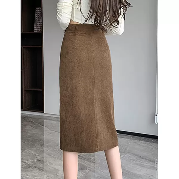 IDEALSANXUN Warm Corduroy Midi Skirts for Women High Waisted Button Front A Line Slit Fall Winter SkirtBrown