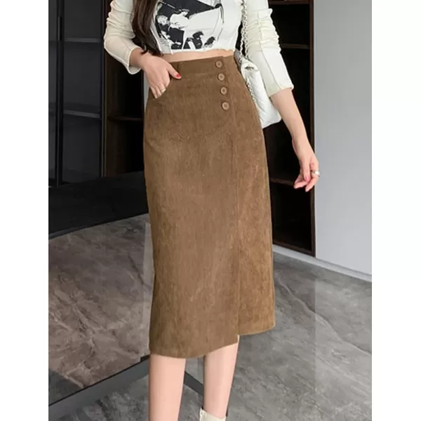 IDEALSANXUN Warm Corduroy Midi Skirts for Women High Waisted Button Front A Line Slit Fall Winter SkirtBrown