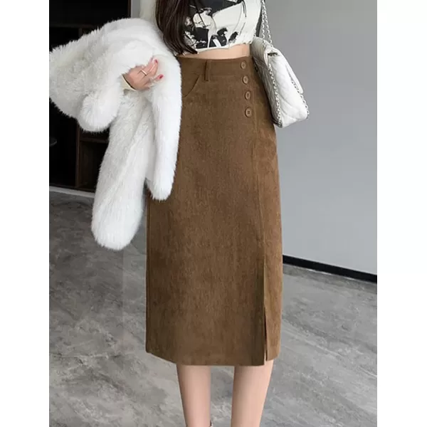 IDEALSANXUN Warm Corduroy Midi Skirts for Women High Waisted Button Front A Line Slit Fall Winter SkirtBrown