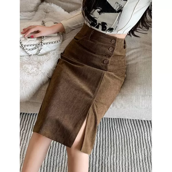 IDEALSANXUN Warm Corduroy Midi Skirts for Women High Waisted Button Front A Line Slit Fall Winter SkirtBrown