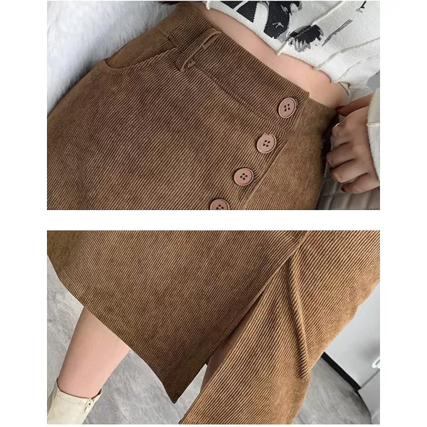 IDEALSANXUN Warm Corduroy Midi Skirts for Women High Waisted Button Front A Line Slit Fall Winter SkirtBrown