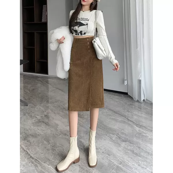 IDEALSANXUN Warm Corduroy Midi Skirts for Women High Waisted Button Front A Line Slit Fall Winter SkirtBrown