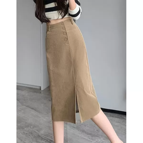 IDEALSANXUN Warm Corduroy Midi Skirts for Women High Waisted Button Front A Line Slit Fall Winter SkirtKhaki