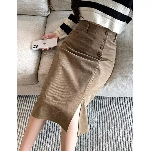 IDEALSANXUN Warm Corduroy Midi Skirts for Women High Waisted Button Front A Line Slit Fall Winter SkirtKhaki