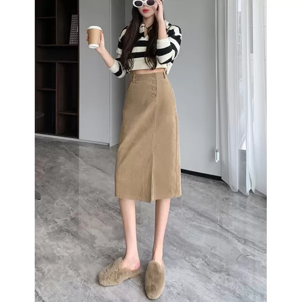 IDEALSANXUN Warm Corduroy Midi Skirts for Women High Waisted Button Front A Line Slit Fall Winter SkirtKhaki