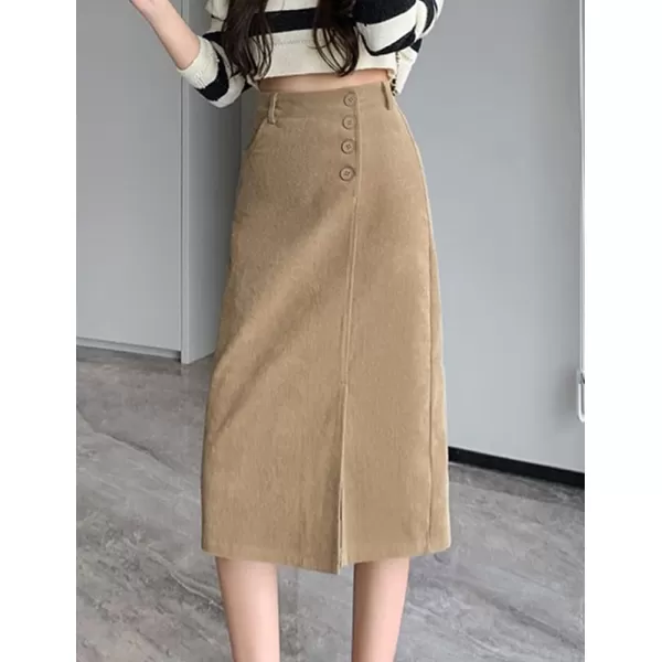 IDEALSANXUN Warm Corduroy Midi Skirts for Women High Waisted Button Front A Line Slit Fall Winter SkirtKhaki