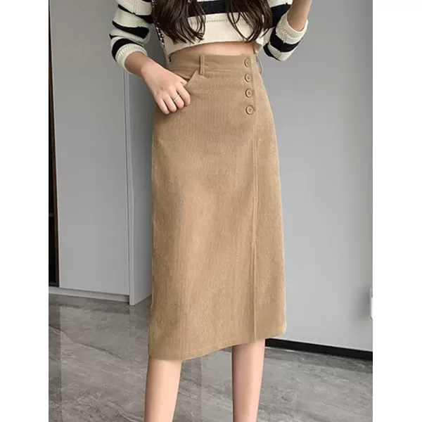 IDEALSANXUN Warm Corduroy Midi Skirts for Women High Waisted Button Front A Line Slit Fall Winter SkirtKhaki