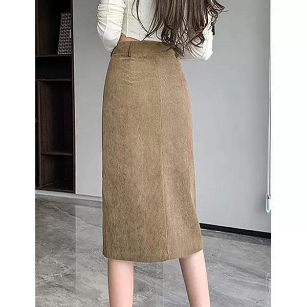 IDEALSANXUN Warm Corduroy Midi Skirts for Women High Waisted Button Front A Line Slit Fall Winter SkirtKhaki