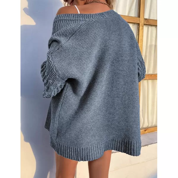 IDEALSANXUN Women Cardigan Sweater Oversized Balloon Sleeve V Neck Lightweight Casual Knit Pullover TopsBlue