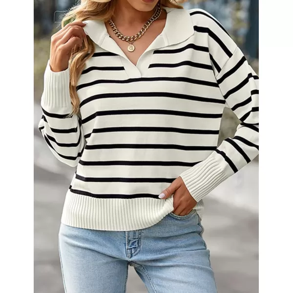 IDEALSANXUN Women Knit Sweaters Trendy Casual Loose Long Sleeve Polo Striped Ribbed Pullover SweaterBlack