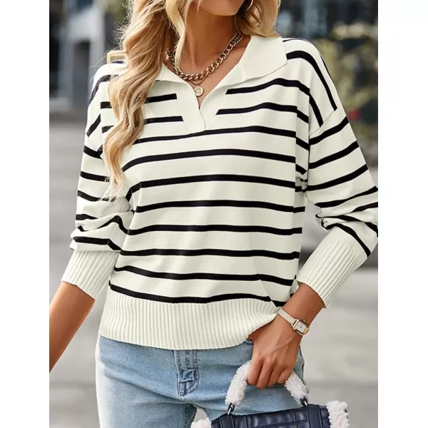 IDEALSANXUN Women Knit Sweaters Trendy Casual Loose Long Sleeve Polo Striped Ribbed Pullover SweaterBlack