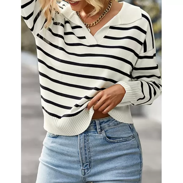 IDEALSANXUN Women Knit Sweaters Trendy Casual Loose Long Sleeve Polo Striped Ribbed Pullover SweaterBlack
