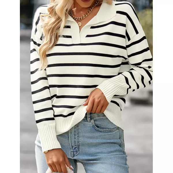 IDEALSANXUN Women Knit Sweaters Trendy Casual Loose Long Sleeve Polo Striped Ribbed Pullover SweaterBlack