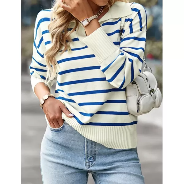 IDEALSANXUN Women Knit Sweaters Trendy Casual Loose Long Sleeve Polo Striped Ribbed Pullover SweaterBlue