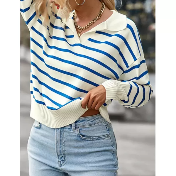 IDEALSANXUN Women Knit Sweaters Trendy Casual Loose Long Sleeve Polo Striped Ribbed Pullover SweaterBlue