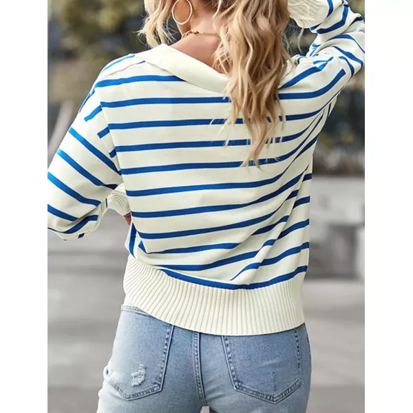 IDEALSANXUN Women Knit Sweaters Trendy Casual Loose Long Sleeve Polo Striped Ribbed Pullover SweaterBlue