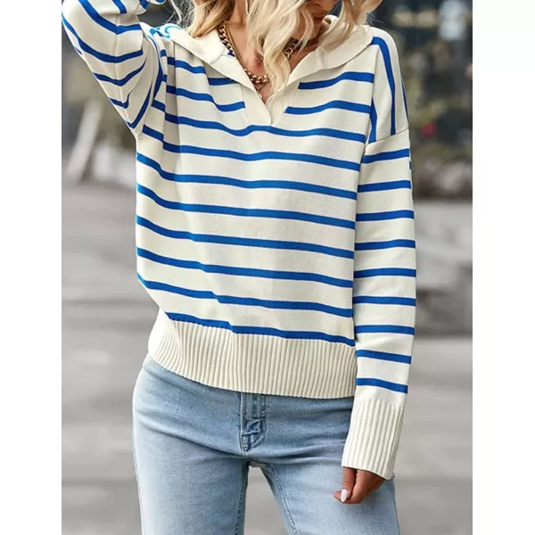 IDEALSANXUN Women Knit Sweaters Trendy Casual Loose Long Sleeve Polo Striped Ribbed Pullover SweaterBlue