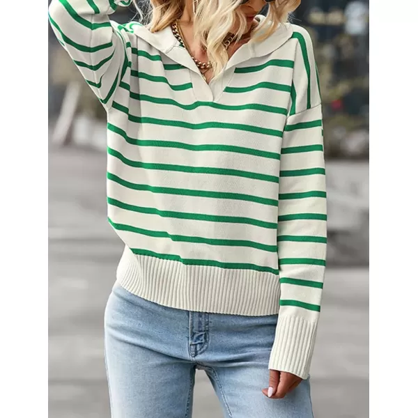 IDEALSANXUN Women Knit Sweaters Trendy Casual Loose Long Sleeve Polo Striped Ribbed Pullover SweaterGreen