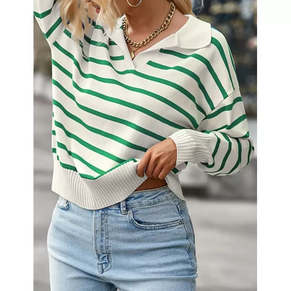 IDEALSANXUN Women Knit Sweaters Trendy Casual Loose Long Sleeve Polo Striped Ribbed Pullover SweaterGreen