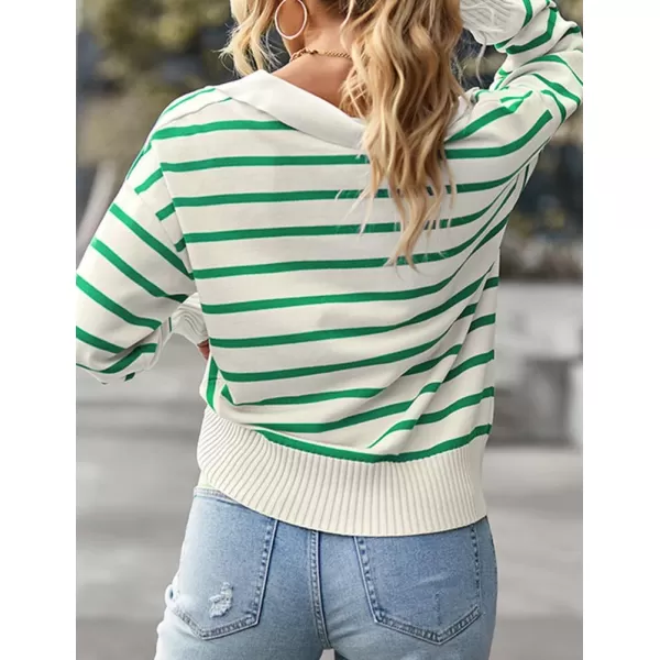 IDEALSANXUN Women Knit Sweaters Trendy Casual Loose Long Sleeve Polo Striped Ribbed Pullover SweaterGreen