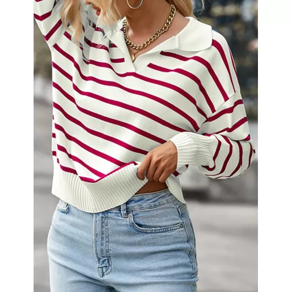 IDEALSANXUN Women Knit Sweaters Trendy Casual Loose Long Sleeve Polo Striped Ribbed Pullover SweaterRed