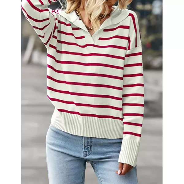 IDEALSANXUN Women Knit Sweaters Trendy Casual Loose Long Sleeve Polo Striped Ribbed Pullover SweaterRed