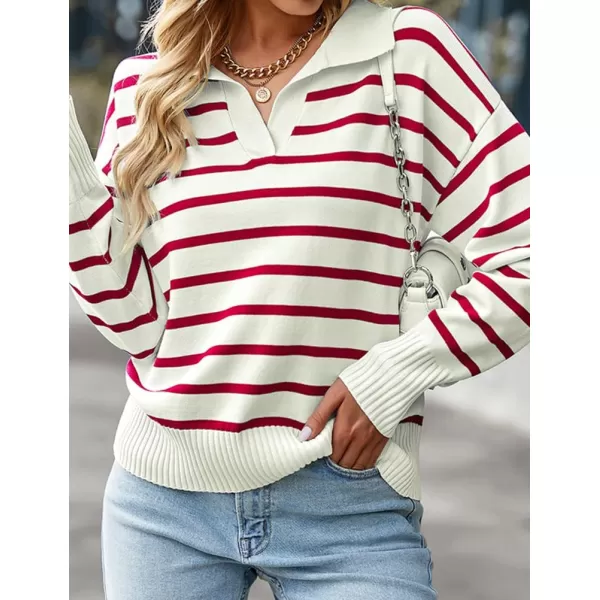 IDEALSANXUN Women Knit Sweaters Trendy Casual Loose Long Sleeve Polo Striped Ribbed Pullover SweaterRed