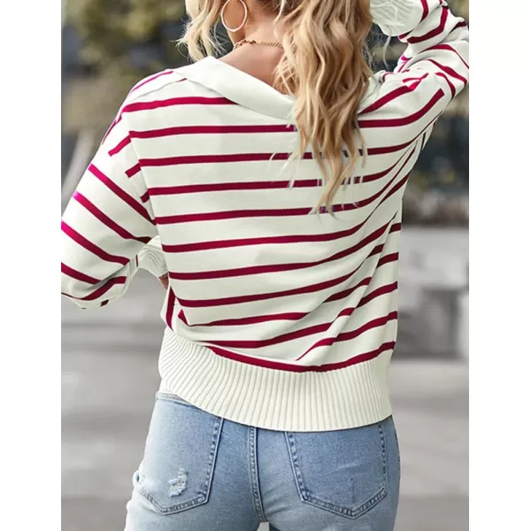 IDEALSANXUN Women Knit Sweaters Trendy Casual Loose Long Sleeve Polo Striped Ribbed Pullover SweaterRed