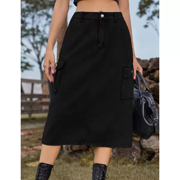 IDEALSANXUN Women Long Cargo Skirt Fashion 2023 High Waisted Y2K Jean Denim Midi Skirts with SlitBlack