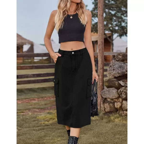 IDEALSANXUN Women Long Cargo Skirt Fashion 2023 High Waisted Y2K Jean Denim Midi Skirts with SlitBlack