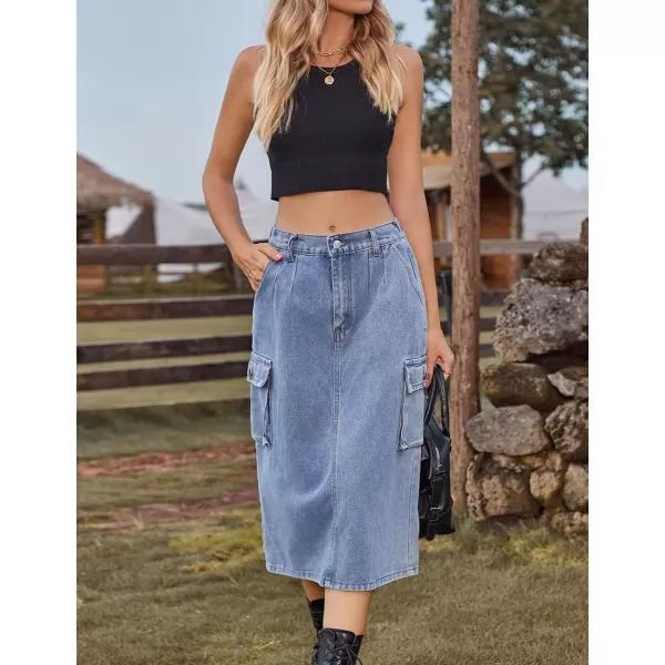 IDEALSANXUN Women Long Cargo Skirt Fashion 2023 High Waisted Y2K Jean Denim Midi Skirts with SlitBlue