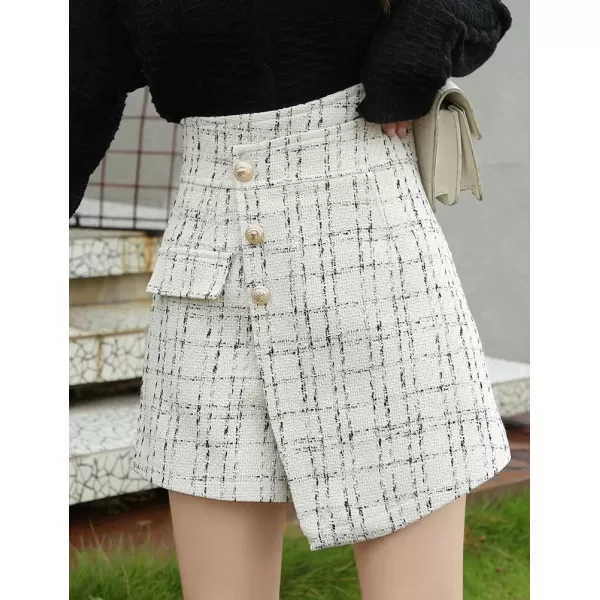 IDEALSANXUN Womens Asymmetrical Plaid Skirt Shorts Trendy High Waisted Tweed Mini Skirt ShortsBeige