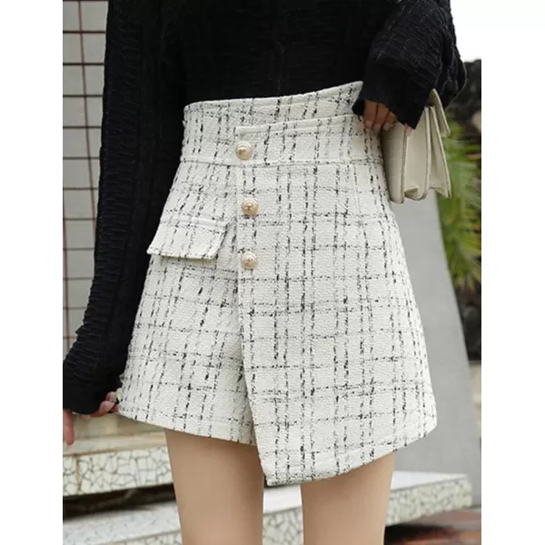 IDEALSANXUN Womens Asymmetrical Plaid Skirt Shorts Trendy High Waisted Tweed Mini Skirt ShortsBeige