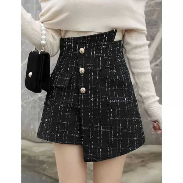 IDEALSANXUN Womens Asymmetrical Plaid Skirt Shorts Trendy High Waisted Tweed Mini Skirt ShortsBlack